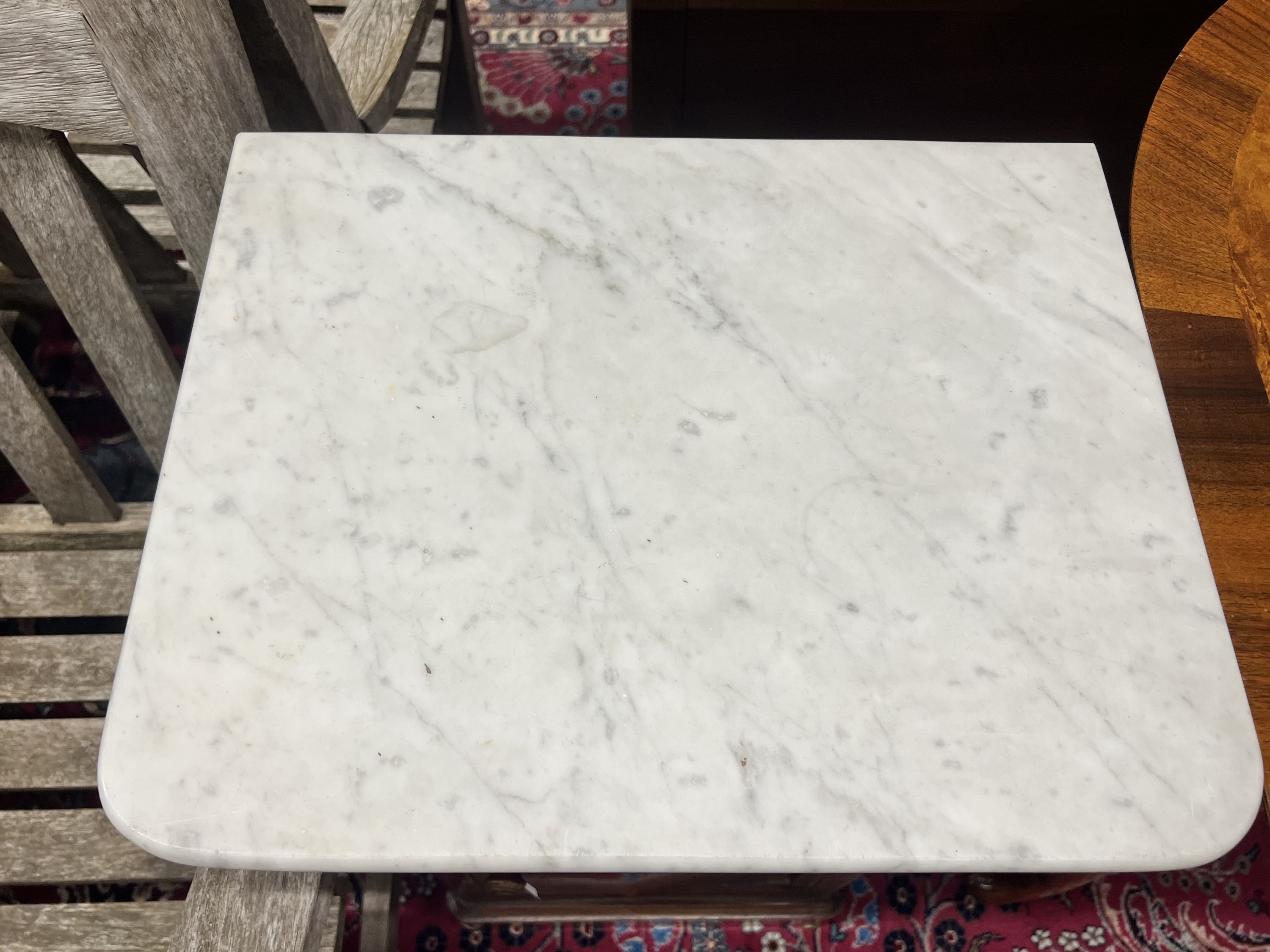 A 19th century French marble topped bedside cabinet, width 44cm depth 35cm height 76cm